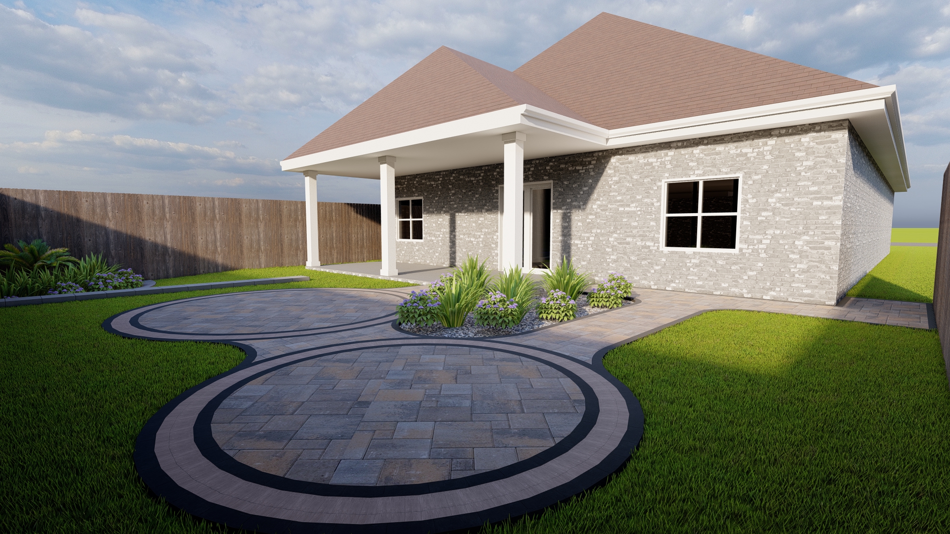 Modern single-story house with stone exterior and circular stone patio